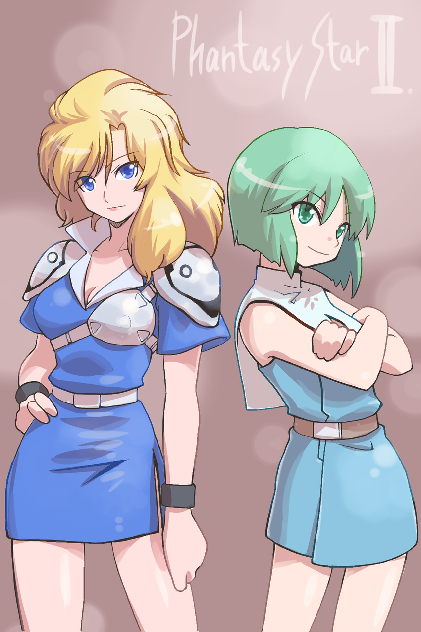 1980s_(style) 2girls amia_amirski aqua_dress armor belt blonde_hair blue_eyes blue_skirt capelet commentary_request crossed_arms dress english_text green_eyes green_hair highres isedaichi_ken multiple_girls phantasy_star phantasy_star_ii retro_artstyle shilka_levinia short_hair simple_background skirt smile wristband