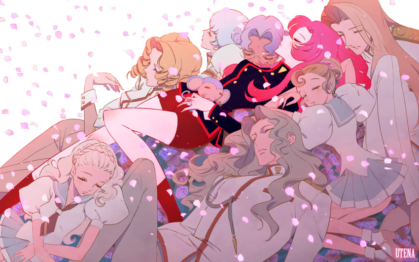 3boys 5girls ammi arisugawa_juri bishounen chu_chu_(shoujo_kakumei_utena) closed_eyes commentary flower himemiya_anthy kaoru_miki kawakami_tomoko kiryuu_nanami kiryuu_touga lying multiple_boys multiple_girls petals purple_flower purple_rose rose rose_petals saionji_kyouichi school_uniform serafuku shinohara_wakaba shoujo_kakumei_utena tenjou_utena