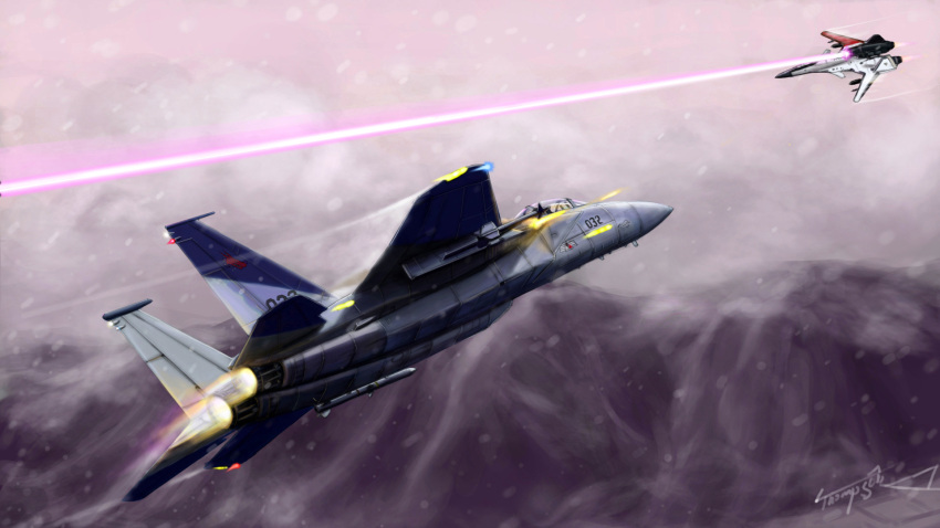 ace_combat ace_combat_zero adfx-02_morgan aerial_battle afterburner aim-9_sidewinder aircraft airplane battle beam cipher_(ace_combat) cloud cloudy_sky commentary contrail dogfight english_commentary f-15_eagle fighter_jet firing flying highres jet larry_foulke laser military military_vehicle missile mountain no_humans photoshop_(medium) signature sky snowing spoilers thompson_(solowingfh) vehicle_focus zero_(duel)