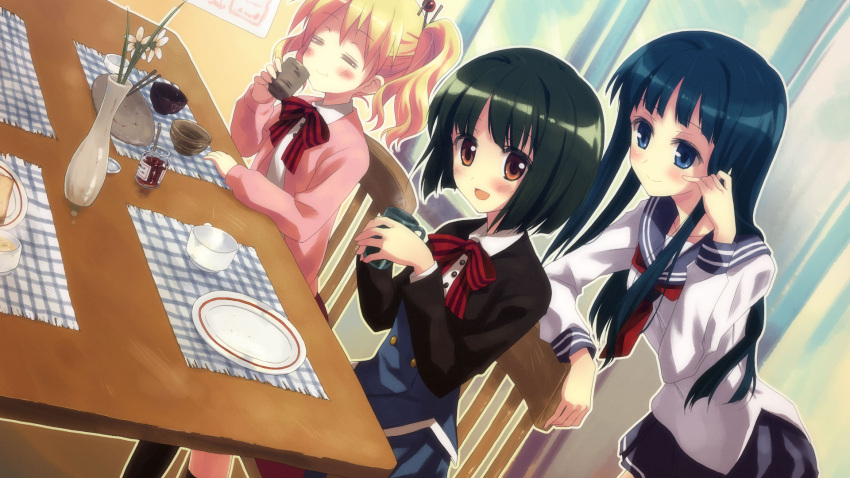 3girls :d :t =_= alice_cartelet black_hair blonde_hair blue_eyes blue_hair blush bob_cut brown_eyes chair cup highres kin-iro_mosaic kin-iro_mosaic_middle_school_uniform moegi_high_school_uniform multiple_girls oomiya_isami oomiya_shinobu open_mouth plate school_uniform serafuku short_hair sitting smile table twintails vase yuuki_tatsuya