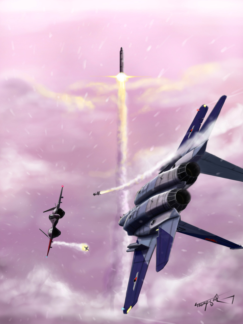 ace_combat ace_combat_zero adfx-02_morgan aerial_battle aim-9_sidewinder aircraft airplane battle cipher_(ace_combat) cloud cloudy_sky commentary contrail dogfight english_commentary f-15_eagle fighter_jet firing highres jet larry_foulke liftoff military military_vehicle missile no_humans nuclear_weapon photoshop_(medium) rocket signature sky smoke snowing spoilers thompson_(solowingfh) vehicle_focus zero_(duel)