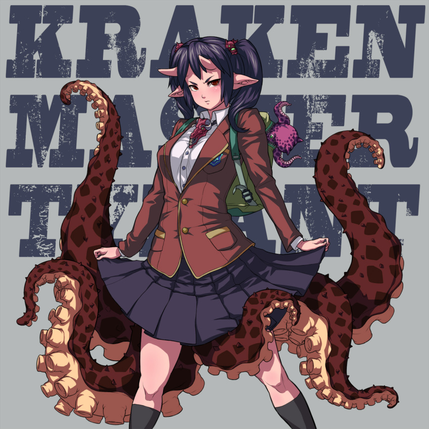 animal backpack bad_id bad_pixiv_id bag black_socks blazer blue_skirt closed_mouth clothes_lift collared_shirt demiano dress_shirt female frown highres horns jacket kneehighs long_sleeves looking_at_viewer monster_girl octopus original pleated_skirt pointy_ears red_eyes red_jacket school_uniform scylla shirt skirt skirt_lift socks solo spikes tentacle twintails white_shirt wing_collar