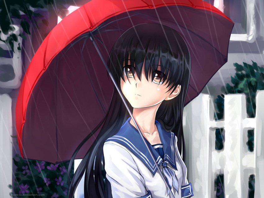 artist_name atomix black_hair blouse blue_sailor_collar breasts brown_eyes closed_mouth day denpa_teki_na_kanojo deviantart_username female fence hair_over_eyes long_hair looking_up neckerchief ochibana_ame outdoors photoshop_(medium) picket_fence rain red_umbrella sailor_collar school_uniform serafuku shirt small_breasts solo standing umbrella watermark web_address white_shirt wooden_fence