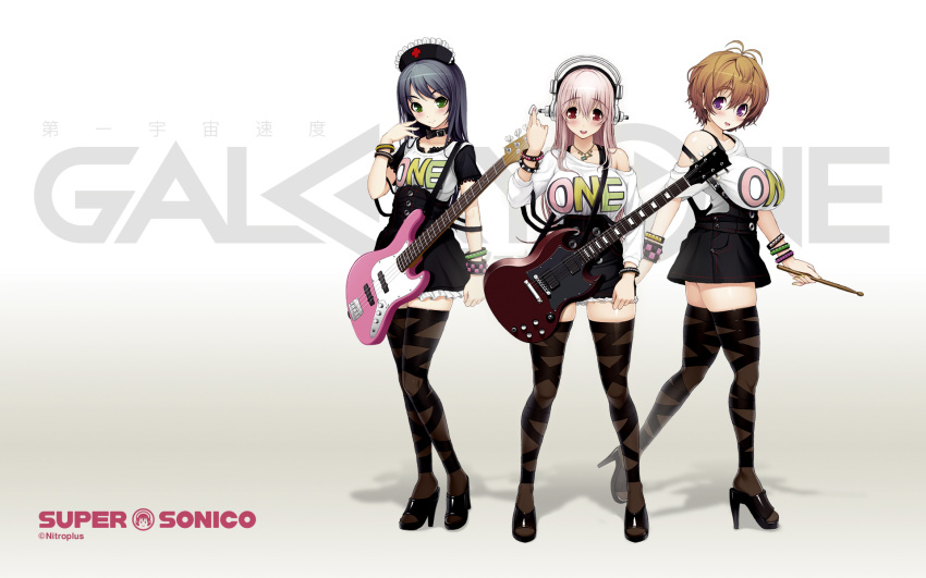 3girls ankle_lace-up axanael breasts cross-laced_footwear fujimi_suzu guitar headphones highres instrument large_breasts multiple_girls nitroplus official_art official_wallpaper pink_hair red_eyes simple_background smile super_sonico thighhighs tsuji_santa watanuki_fuuri zettai_ryouiki