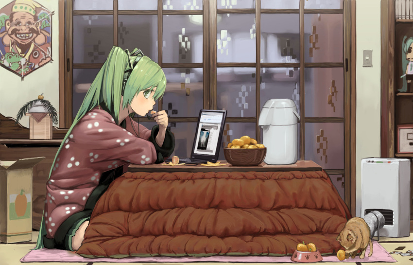 animal box cardboard_box computer domo1220 eating ebisu_(mythology) feline female food from_side fruit green_eyes green_hair hanten_(clothes) hatsune_miku highres holding holding_food holding_fruit indoors kotatsu laptop light_switch long_hair mandarin_orange niconico photoshop_(medium) profile sitting sliding_doors sweater table television thermos twintails very_long_hair vocaloid water_boiler