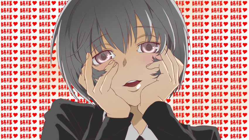 1boy black_lagoon blush commentary_request grey_eyes grey_hair hands_on_own_cheeks hands_on_own_face hansel_(black_lagoon) male_focus parody solo stem-r translation_request wall_of_text yandere yandere_trance