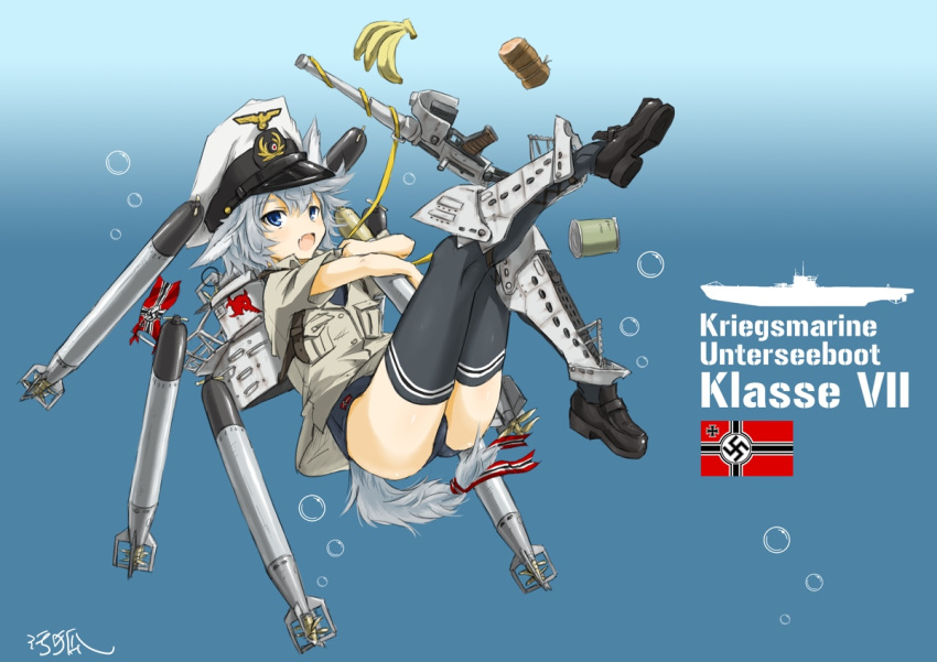 air_bubble animal_ears bad_id bad_pixiv_id banana black_footwear black_thighhighs blue_one-piece_swimsuit bubble can collared_shirt cross dakku_(ogitsune) female flag food fruit german_text gun hat imperial_war_flag iron_cross kriegsmarine mecha_musume military military_hat military_uniform nazi_war_ensign no_pants oerba_yun_fang one-piece_swimsuit original peaked_cap personification photoshop_(medium) rigging school_swimsuit ship shirt short_sleeves signature skin_fang solo submarine submerged swastika swimsuit swimsuit_under_clothes tail thighhighs torpedo translated type_vii u-450_(submarine)_(personification) uniform watercraft weapon white_hat wolf_ears wolf_girl wolf_tail world_war_ii