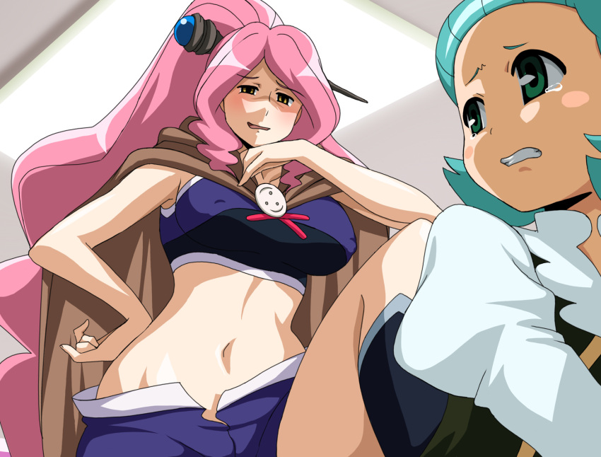 aqua_hair battle_spirits blush blush_stickers breasts female green_eyes green_hair highres hyoudou_kenzou large_breasts long_hair magisa makino_tomoyasu navel pink_hair short_hair tears very_long_hair you_gonna_get_raped