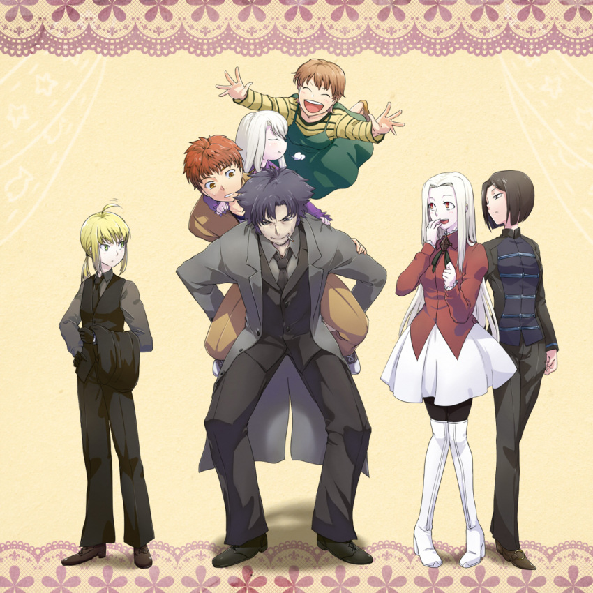 2boys 5girls aged_down ahoge artoria_pendragon_(fate) black_hair blonde_hair border brother_and_sister carrying commentary_request emiya_kiritsugu emiya_shirou facial_hair family fate/stay_night fate/zero fate_(series) father_and_daughter father_and_son formal fujimura_taiga highres hisau_maiya illyasviel_von_einzbern irisviel_von_einzbern lace lace_border mother_and_daughter mother_and_son multiple_boys multiple_girls necktie ornate_border pant_suit pants pantyhose piggyback ponytail red_hair saber_(fate) siblings stubble suit thighhighs time_paradox torinoko_tamago vest waistcoat white_hair