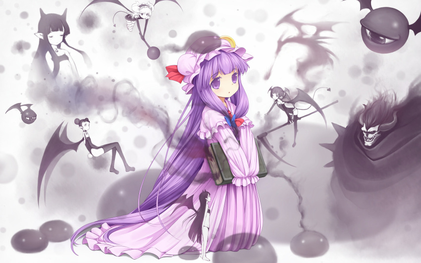 aged_down bad_id bad_pixiv_id black_thighhighs book closed_eyes crescent demon demon_girl demon_tail dragon eyeball female fujishiro_touma hat head_wings highres horns long_hair mace patchouli_knowledge pointy_ears purple_eyes purple_hair rabbit_tail scythe solo strapless striped_clothes striped_thighhighs tail thighhighs touhou tube_top v_arms very_long_hair weapon wings