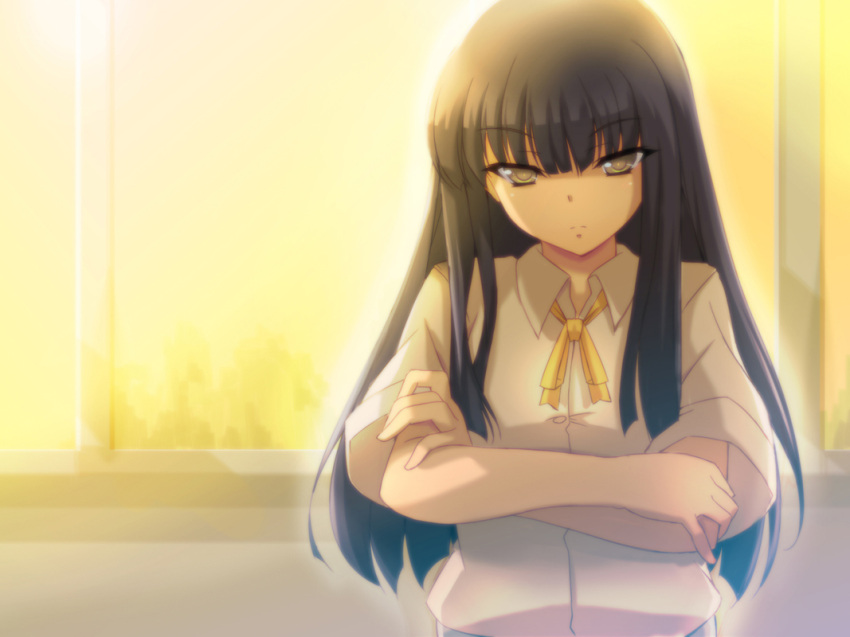 black_hair commentary_request crossed_arms dress_shirt expressionless female long_hair neck_ribbon original photoshop_(medium) ribbon school_uniform shirt sidelocks solo sunlight sunset tsukishiro_kou upper_body window yellow_eyes