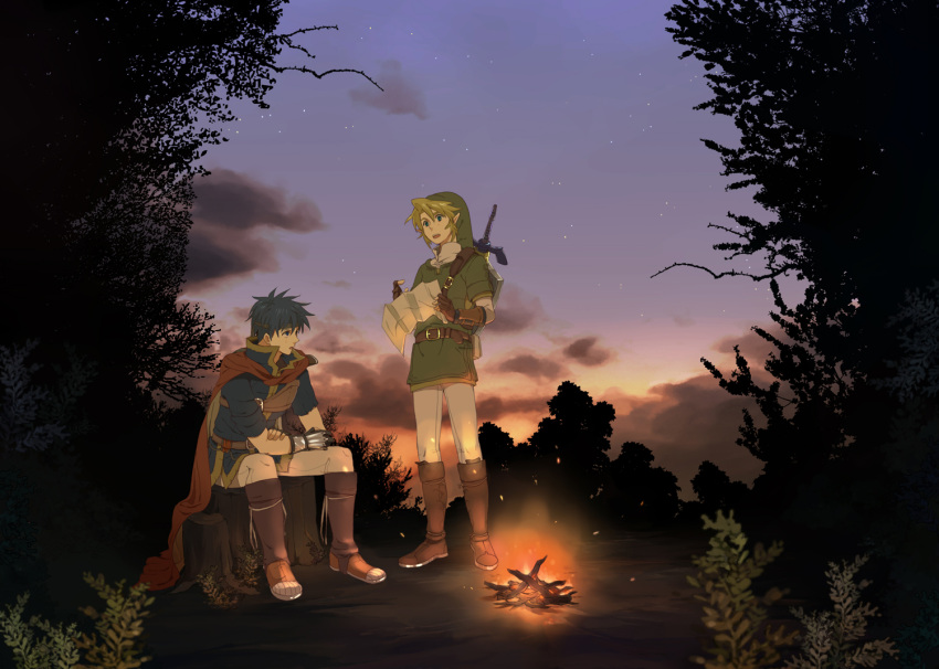 2boys belt blonde_hair blue_eyes blue_hair campfire cape commentary_request fire fire_emblem fire_emblem:_path_of_radiance gloves hat headband ike_(fire_emblem) link male_focus multiple_boys nikayu pointy_ears shield shield_on_back star_(symbol) super_smash_bros. sword the_legend_of_zelda the_legend_of_zelda:_twilight_princess weapon