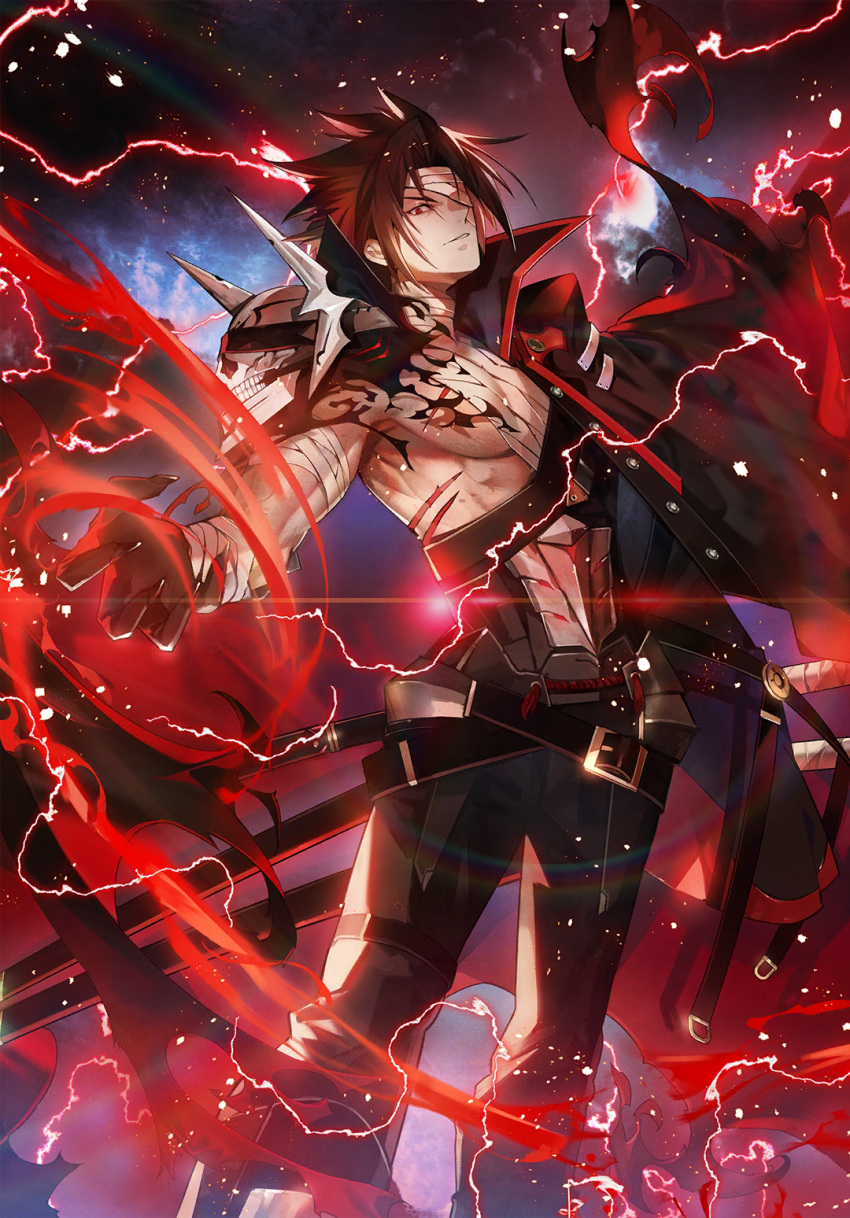 1boy amputee another_dark_kagura arm_out_of_sleeve aura bandage_over_one_eye bandaged_arm bandaged_chest bandaged_neck bandages belt belt_buckle black_cape black_cloak black_gloves black_hair black_jacket black_pants blazblue blazblue_alternative:_dark_war buckle cape cloak forked_eyebrows gloves highres holding holding_sword holding_weapon jacket kagura_mutsuki katana kyouka_hatori lightning long_sleeves looking_at_viewer male_focus official_art pants powering_up red_eyes scar scar_on_chest sheath sheathed skull smile solo sword torn_cape torn_cloak torn_clothes weapon