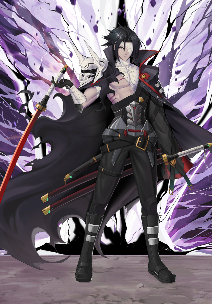 1boy amputee another_dark_kagura arm_out_of_sleeve bandage_over_one_eye bandaged_arm bandaged_chest bandaged_neck bandages belt belt_buckle black_cape black_cloak black_gloves black_hair black_jacket black_pants blazblue blazblue_alternative:_dark_war buckle cape cloak forked_eyebrows gloves highres holding holding_sword holding_weapon jacket kagura_mutsuki katana lightning long_sleeves male_focus mori_toshimichi official_art pants red_eyes scar scar_on_chest sheath sheathed skull solo sword torn_cape torn_cloak torn_clothes weapon