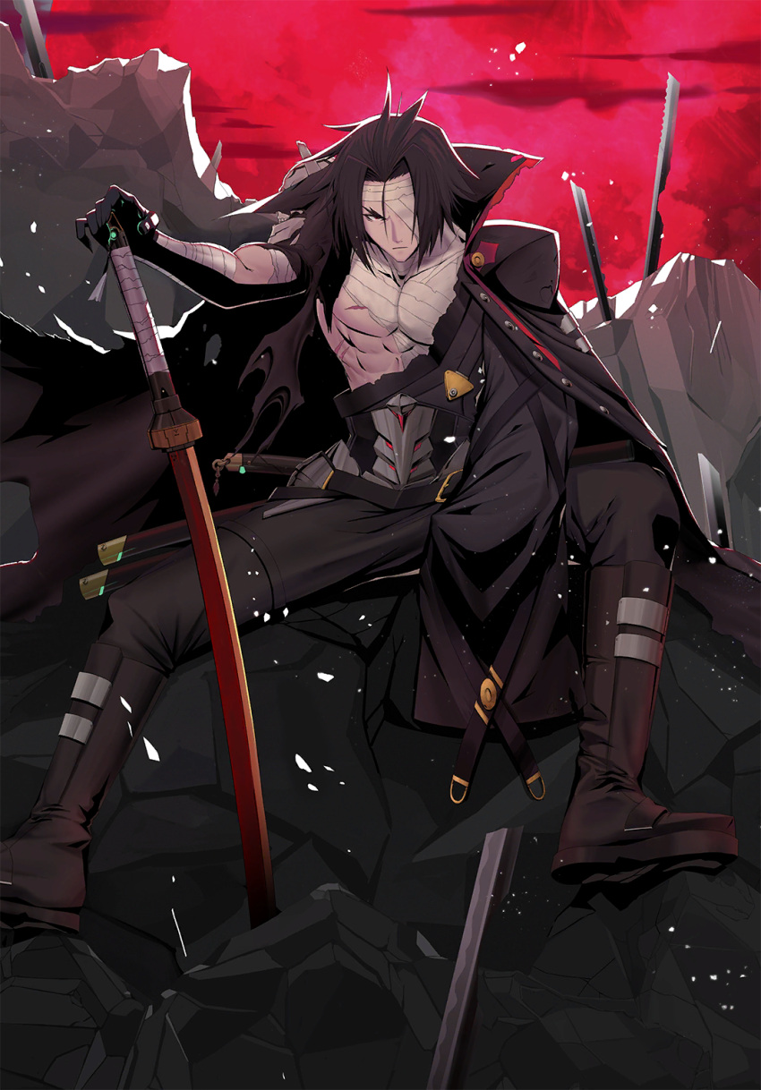 1boy amputee another_dark_kagura arm_out_of_sleeve bandage_over_one_eye bandaged_arm bandaged_chest bandaged_neck bandages belt belt_buckle black_cape black_cloak black_gloves black_hair black_jacket black_pants blazblue blazblue_alternative:_dark_war buckle cape cloak forked_eyebrows gloves highres holding holding_sword holding_weapon jacket kagura_mutsuki katana long_sleeves looking_at_viewer male_focus mori_toshimichi official_art pants red_eyes ruins scar scar_on_chest scowl sheath sheathed sitting skull solo sword torn_cape torn_cloak torn_clothes weapon