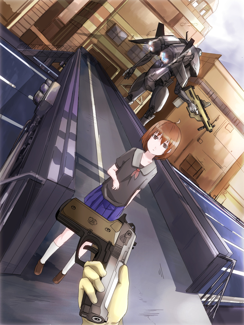 ahoge beretta_92 commentary_request dutch_angle female guard_rail gun handgun highres imai_hiyoko mecha original pedestrian_bridge pleated_skirt road robot school_uniform serafuku skirt traffic_barrier traffic_light weapon