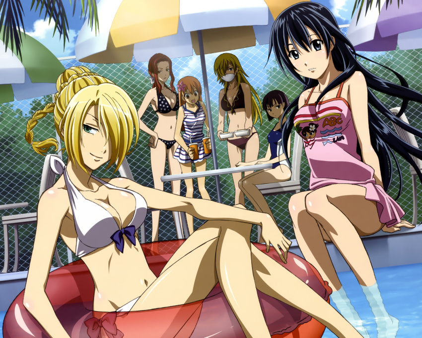 6+girls akiyama_yukiko ban_yukiko bare_shoulders barefoot beach_umbrella beelzebub_(manga) bikini black_eyes black_hair blonde_hair bow braid breasts brown_eyes casual_one-piece_swimsuit chain-link_fence cleavage cloud competition_swimsuit day dress drink dutch_angle fence flower front-tie_top green_eyes hair_flower hair_ornament hair_over_one_eye hairbow hanazawa_yuka hand_on_own_hip hands_on_own_hips highres hilda_(beelzebub) innertube kunieda_aoi large_breasts long_hair lowleg lowleg_bikini mask midriff mole mouth_mask multiple_girls navel official_art one-piece_swimsuit oomori_nene open_mouth orange_hair outdoors palm_tree parasol polka_dot polka_dot_bikini polka_dot_swimsuit pool poolside purple_hair red_hair refraction short_hair sideboob sitting sky smile soaking_feet striped surgical_mask swim_ring swimsuit table tanimura_chiaki tree umbrella water