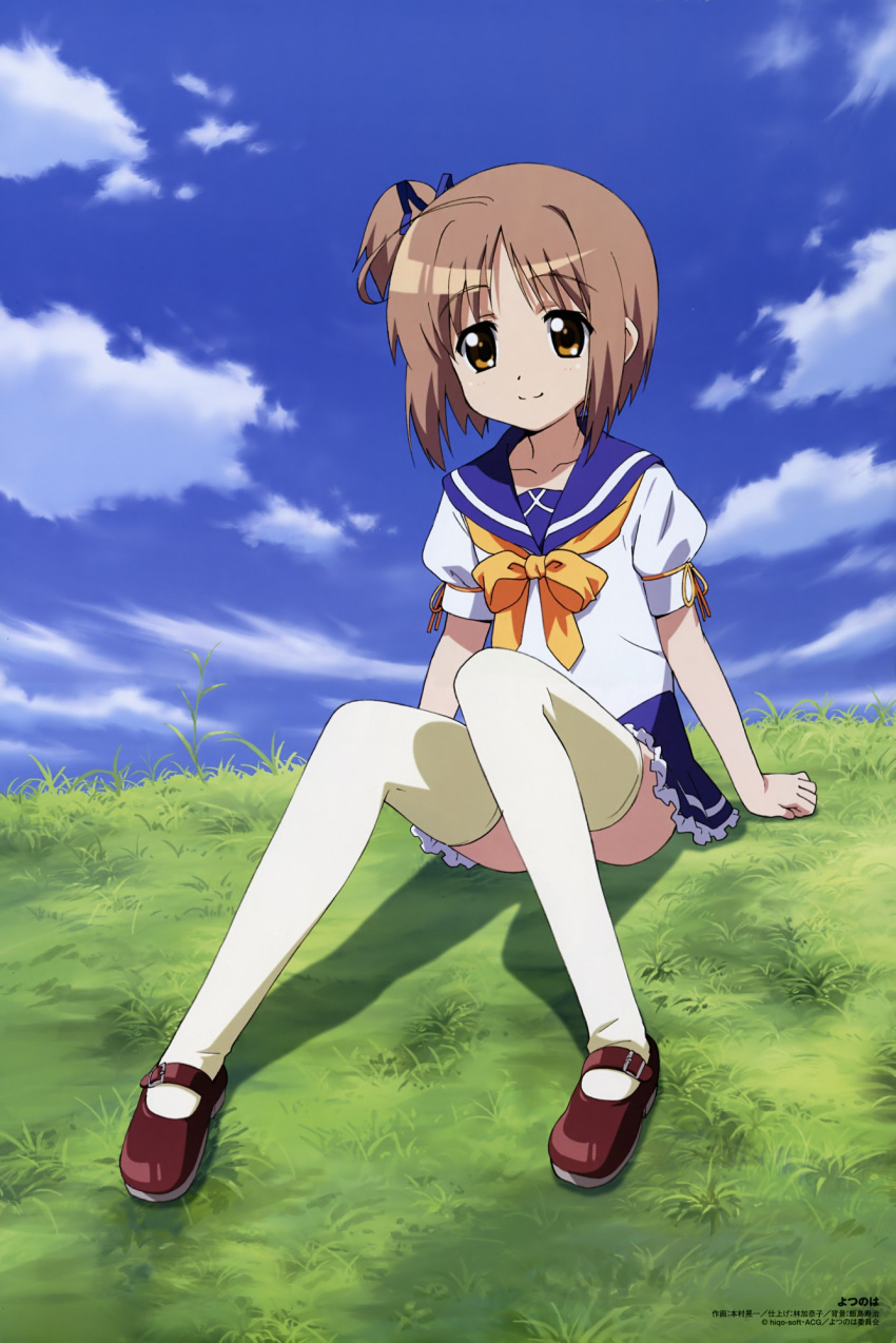 absurdres bow brown_eyes brown_hair cloud grass hair_ribbon highres legs motomura_kouichi nekomiya_nono ribbon school_uniform short_hair sky solo thighhighs yotsunoha