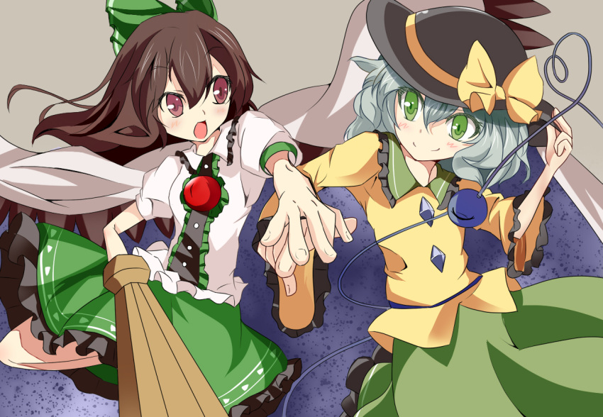 2girls acchii_(akina) arm_cannon black_hair blush bow brown_eyes brown_hair cape commentary_request eyeball green_eyes green_hair grey_hair hairbow hat heart komeiji_koishi long_hair multiple_girls open_mouth reiuji_utsuho ribbon short_hair skirt smile third_eye touhou weapon wings