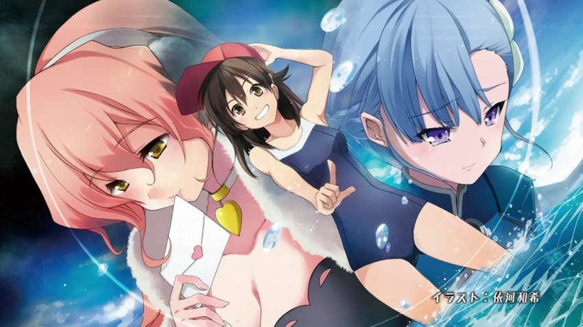 3girls anime_screenshot blue_hair braid brown_eyes brown_hair choker day end_card fin_e_ld_si_laffinty hat ikawa_waki kyouno_madoka letter love_letter muginami multiple_girls one-piece_swimsuit orange_hair partially_submerged purple_eyes rinne_no_lagrange sky swimsuit tears water yellow_eyes