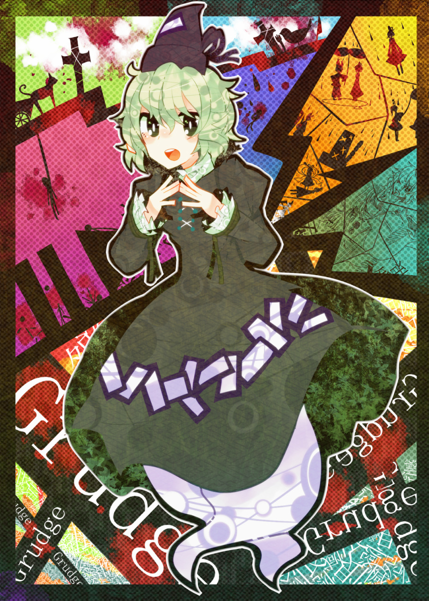 bad_id bad_pixiv_id bird dress feline female ghost_tail grave green_dress green_eyes green_hair hat highres itomugi-kun kaku_seiga mononobe_no_futo ofuda open_mouth rope shadow short_hair soga_no_tojiko solo suicide tate_eboshi touhou toyosatomimi_no_miko