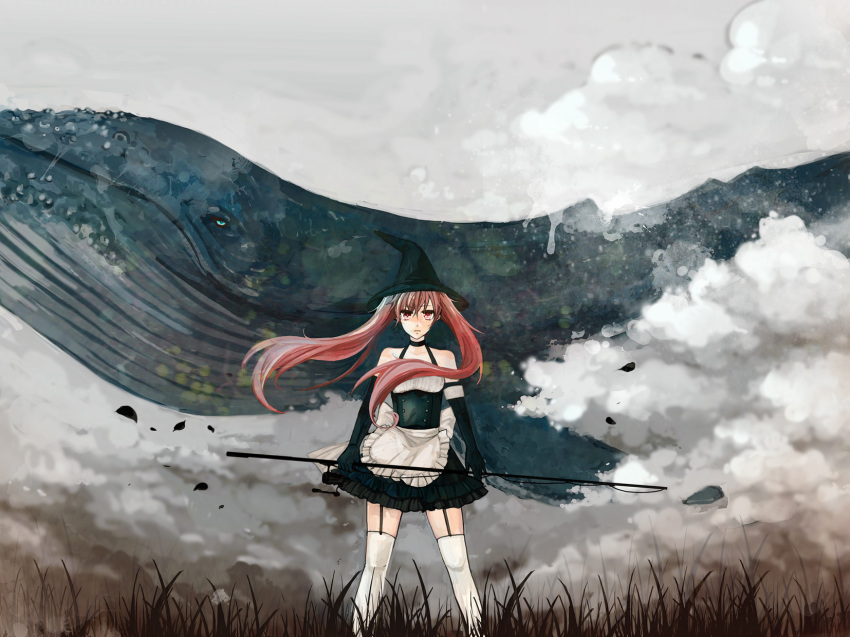 bad_id bad_pixiv_id choker cloud female fishing_rod flying_whale hat highres holding kodatino long_hair original photoshop_(medium) pink_eyes pink_hair ribbon_choker single_thighhigh solo thighhighs twintails whale wind witch witch_hat