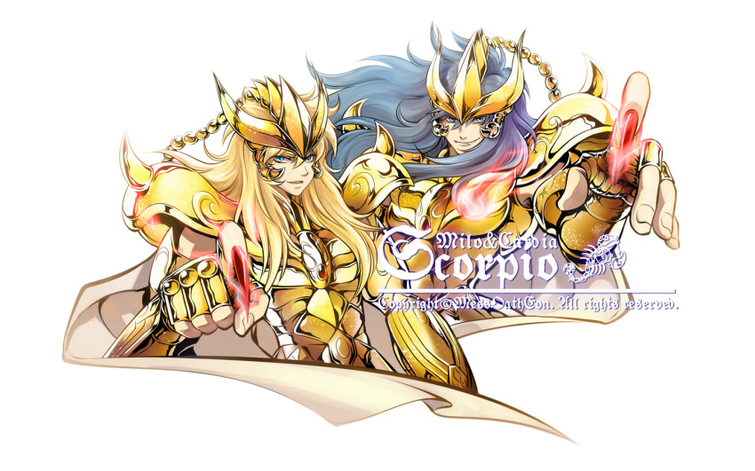 armor blonde_hair blue_hair saint_seiya scorpio_kardia scorpio_milo tagme_(artist)