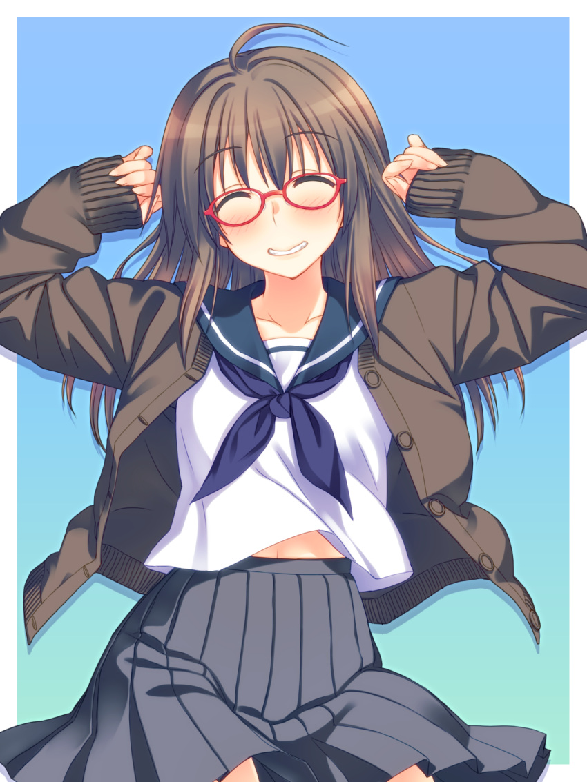 ahoge blue_background blush closed_eyes coat commentary_request female glasses grin highres long_sleeves neckerchief original pleated_skirt red-framed_eyewear school_uniform serafuku simple_background skirt sleeves_past_wrists smile solo yuuki_keisuke