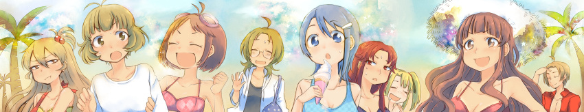 2boys 6+girls :t akizuki_ryo arm_hug bad_id bad_pixiv_id bikini blush closed_eyes food freckles goggles goggles_on_head hidaka_ai hidaka_mai highres ice_cream idolmaster idolmaster_dearly_stars long_hair mizutani_eri multiple_boys multiple_girls okamoto_manami one-piece_swimsuit open_mouth ozaki_reiko pout sakurai_yumeko saliva short_hair smile suzuki_ayane sweatdrop swimsuit takeda_souichi warabeshi wide_image