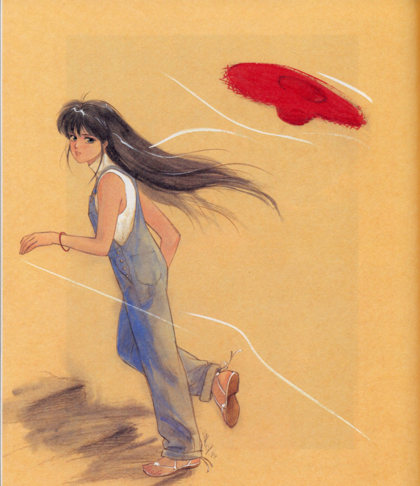 1980s_(style) ayukawa_madoka bangle black_hair blue_eyes bracelet female hat highres imageboard_desourced jewelry kimagure_orange_road long_hair non-web_source overalls retro_artstyle sandals solo straw_hat sun_hat takada_akemi tan