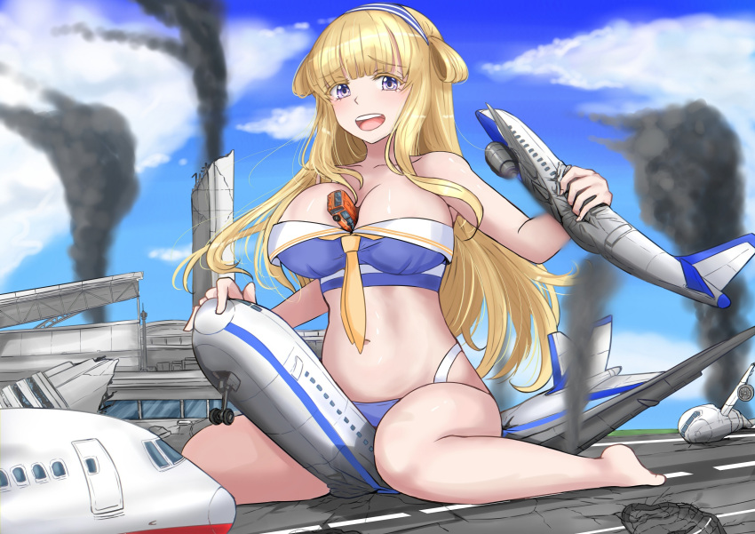 aircraft airplane airport between_breasts bikini blonde_hair blue_bikini blue_sky breasts bus cloud commission destruction female fletcher_(kancolle) fletcher_mk_ii_(swimsuit_mode)_(kancolle) full_body giant giantess grabbing hairband highres jet kantai_collection ken_(shutenndouji1) large_breasts long_hair looking_at_viewer motor_vehicle navel necktie off_shoulder official_alternate_costume open_mouth outdoors pixiv_commission purple_eyes sitting sky smile solo straddling strapless swimsuit teeth tongue tube_top upper_teeth_only wariza yellow_necktie