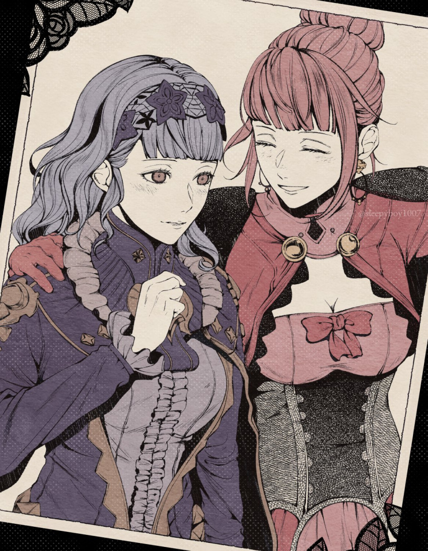 2girls artist_name blue_hair blunt_bangs breasts brown_eyes closed_eyes dress earrings fire_emblem fire_emblem:_three_houses fire_emblem_warriors:_three_hopes gloves grin hair_bun hairband highres hilda_valentine_goneril jewelry large_breasts long_hair long_sleeves marianne_von_edmund multiple_girls official_alternate_costume official_alternate_hairstyle parted_lips photo_(object) pink_hair sidelocks single_hair_bun sleepyboy1007 smile twitter_username upper_body wavy_hair