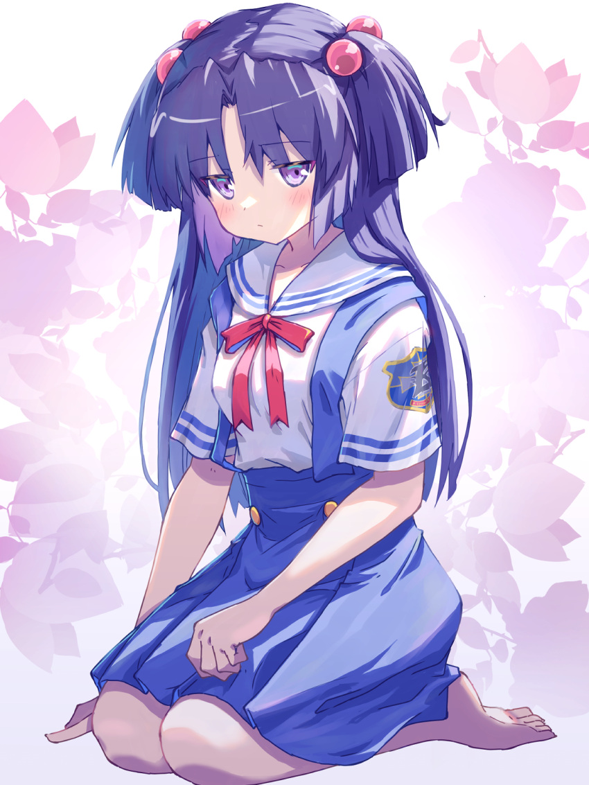 akayama_yukihe blue_hair blue_skirt clannad female floral_background full_body hair_bobbles hair_ornament highres hikarizaka_private_high_school_uniform ichinose_kotomi purple_eyes red_ribbon ribbon sailor_collar sailor_shirt school_uniform seiza serafuku shirt sitting skirt solo suspender_skirt suspenders two_side_up white_sailor_collar white_shirt