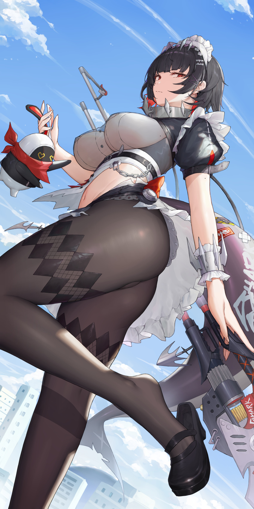 absurdres ass black_footwear black_hair black_pantyhose breasts collar ellen_joe female fins fish_tail foot_out_of_frame highres holding kiriko_(araragikoyomi) large_breasts looking_at_viewer maid maid_headdress navel pantyhose pasties puffy_short_sleeves puffy_sleeves red_eyes see-through shark_tail shoes short_hair short_sleeves stomach tail thighs wrist_cuffs zenless_zone_zero