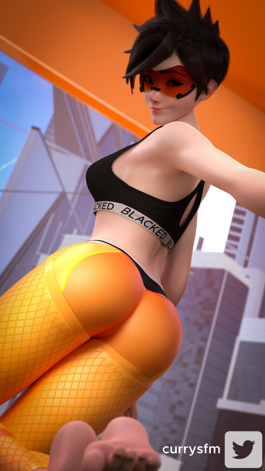 1girls 3d ass blacked blacked_clothing brown_hair clothed clothing currysfm feet female female_only light-skinned_female light_skin orange-tinted_eyewear overwatch overwatch_2 red_toenails short_hair smile solo tinted_eyewear tracer visor