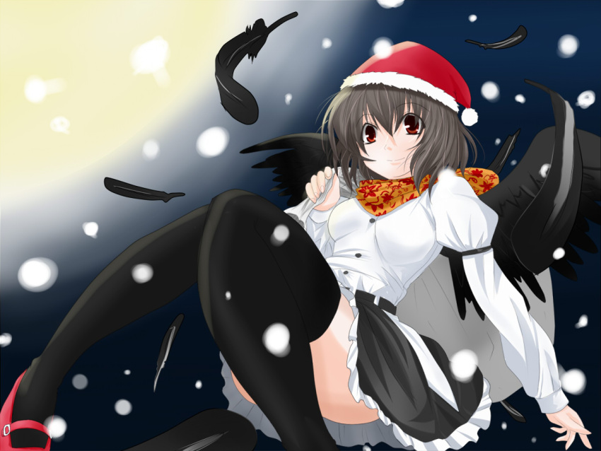 bad_id bad_pixiv_id black_thighhighs breasts brown_hair feathers female hat looking_at_viewer medium_breasts moon red_eyes santa_hat scarf shameimaru_aya shibata_morisoba snow solo thighhighs touhou wings zettai_ryouiki