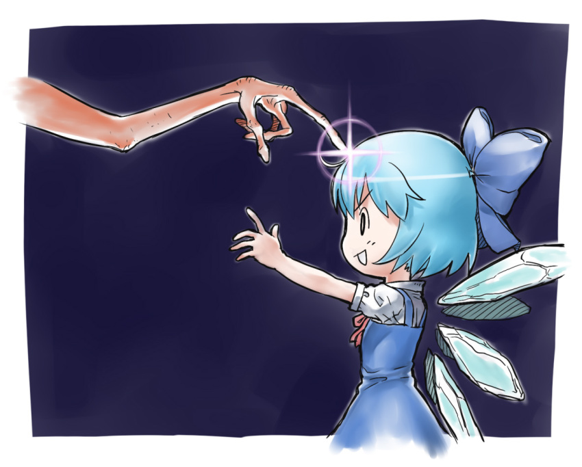 abua blue_hair bow chibi cirno commentary_request crossover e.t. et female hairbow hands parody photoshop_(medium) short_hair touhou wings