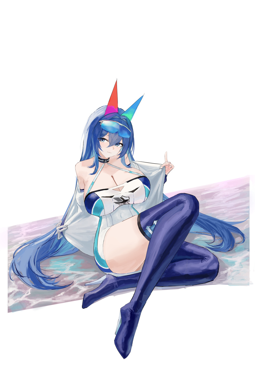 :3 absurdres alternate_costume azur_lane bare_shoulders blue-tinted_eyewear blue_eyes blue_hair boots breasts cleavage closed_mouth commentary_request dress female goggles goggles_on_head hair_between_eyes headgear high_heel_boots high_heels highres jacket large_breasts long_hair looking_at_viewer new_jersey_(azur_lane) open_clothes open_jacket revision short_dress simple_background sitting smile solo suo_bu_ye_feng thick_thighs thigh_boots thighs tinted_eyewear very_long_hair white_background white_dress white_jacket