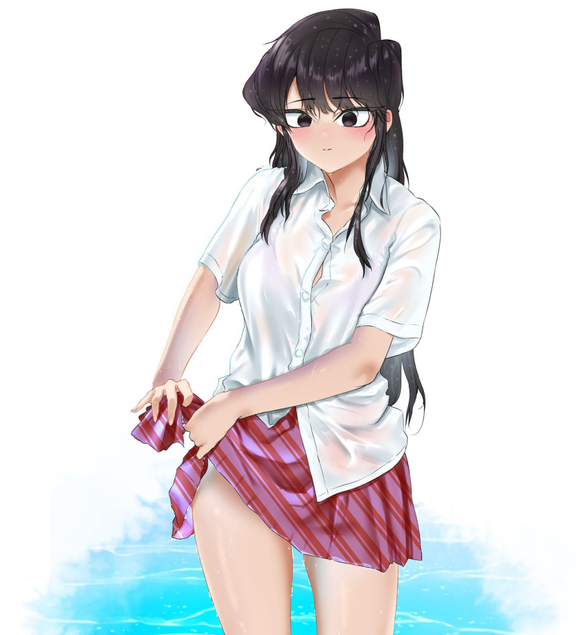 bra_visible_through_clothes breasts brown_eyes brown_hair collared_shirt female highres komi-san_wa_komyushou_desu komi_shouko large_breasts long_hair mitsugu multicolored_clothes multicolored_skirt purple_skirt red_skirt shirt skirt solo striped_clothes striped_skirt wet wet_clothes white_background white_shirt