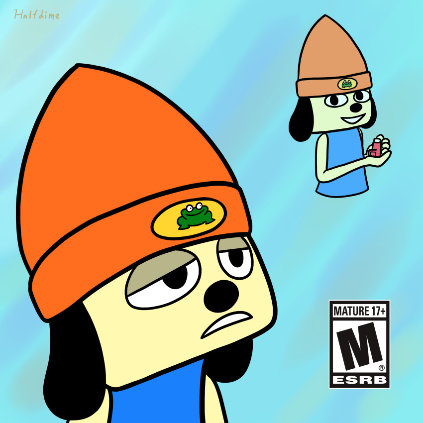 absurd_res album_cover anthro beanie black_nose canid canine canis clothing cover domestic_dog esrb_rating eyelids floppy_ears frown fur half_dime hat headgear headwear hi_res humor inhaler male mammal parappa parappa_the_rapper parody smile solo sony_corporation sony_interactive_entertainment tyler_the_creator yellow_body yellow_fur