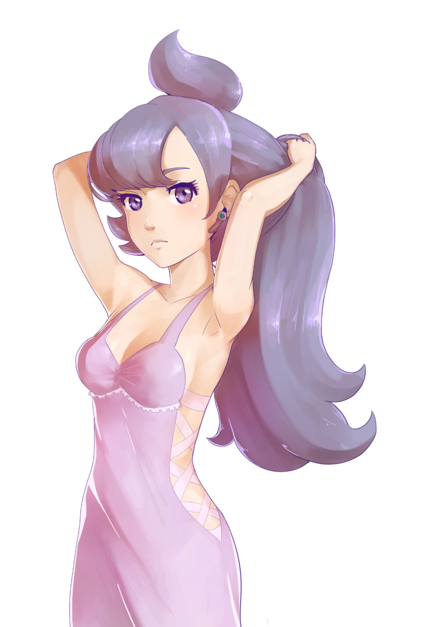 adjusting_hair alternate_costume anabel_(pokemon) breasts collarbone commentary earpiece english_commentary fatmanass female highres looking_at_viewer nightgown pokemon pokemon_sm purple_eyes purple_hair simple_background small_breasts solo spaghetti_strap white_background