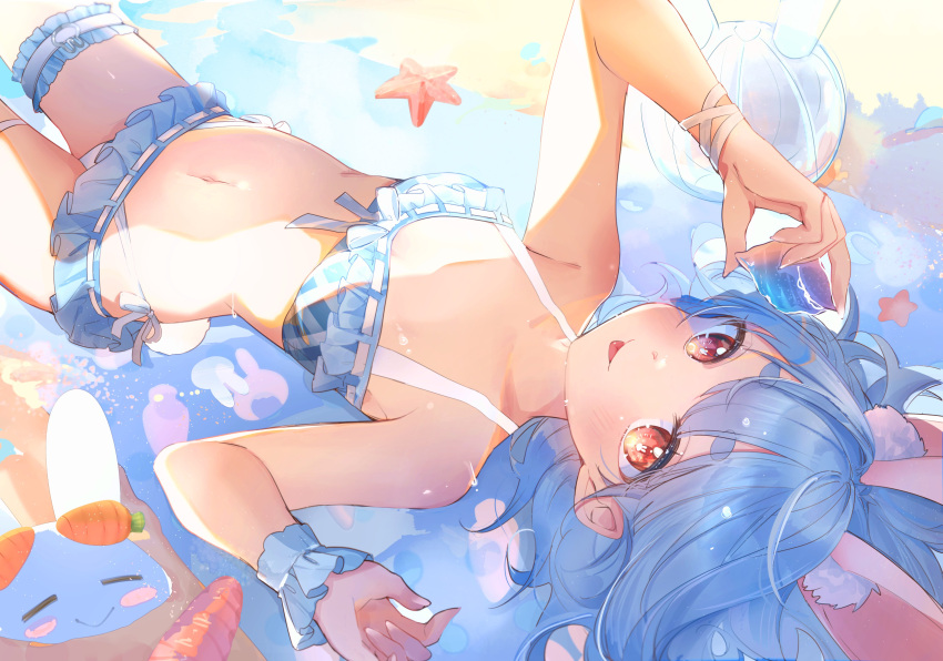 :p absurdres animal_ear_fluff animal_ears beach bikini blue_bikini blue_hair bridal_garter carrot commentary_request day extra_ears female frilled_bikini frills front-tie_bikini_top front-tie_top hands_up highleg highleg_bikini highres hikimayu holding_seashell hololive knees_out_of_frame lying navel official_alternate_costume official_alternate_hairstyle on_back outdoors pekomon_(usada_pekora) rabbit-shaped_pupils rabbit_ears rabbit_girl red666 red_eyes short_eyebrows short_hair side-tie_bikini_bottom solo starfish stomach swept_bangs swimsuit symbol-shaped_pupils thick_eyebrows tongue tongue_out usada_pekora usada_pekora_(8th_costume) virtual_youtuber visor_cap