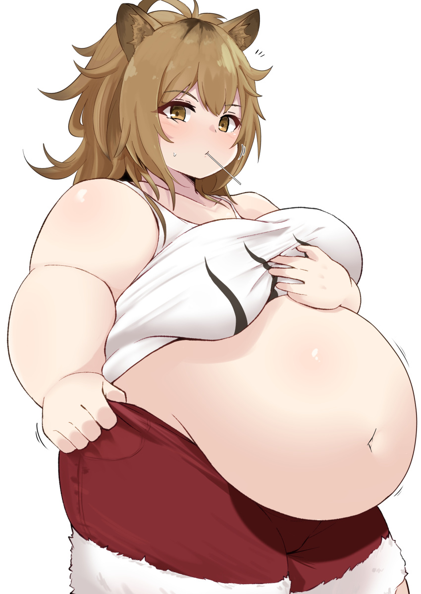 absurdres alternate_body_size amami_317 animal_ear_fluff animal_ears arknights big_belly breasts brown_eyes brown_hair closed_mouth collarbone commentary_request cowboy_shot fat female fur_trim hair_between_eyes highres large_breasts long_hair looking_at_viewer navel red_shorts shorts siege_(arknights) simple_background solo sweatdrop thick_arms thick_thighs thighs white_background