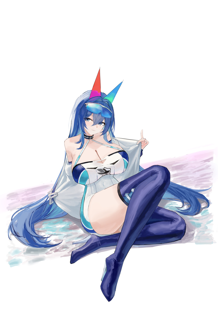 :3 absurdres alternate_costume azur_lane bare_shoulders blue-tinted_eyewear blue_eyes blue_hair boots breasts cleavage closed_mouth commentary_request dress female goggles goggles_on_head hair_between_eyes headgear high_heel_boots high_heels highres jacket large_breasts long_hair looking_at_viewer new_jersey_(azur_lane) open_clothes open_jacket short_dress simple_background sitting smile solo suo_bu_ye_feng thick_thighs thigh_boots thighs tinted_eyewear very_long_hair white_background white_dress white_jacket