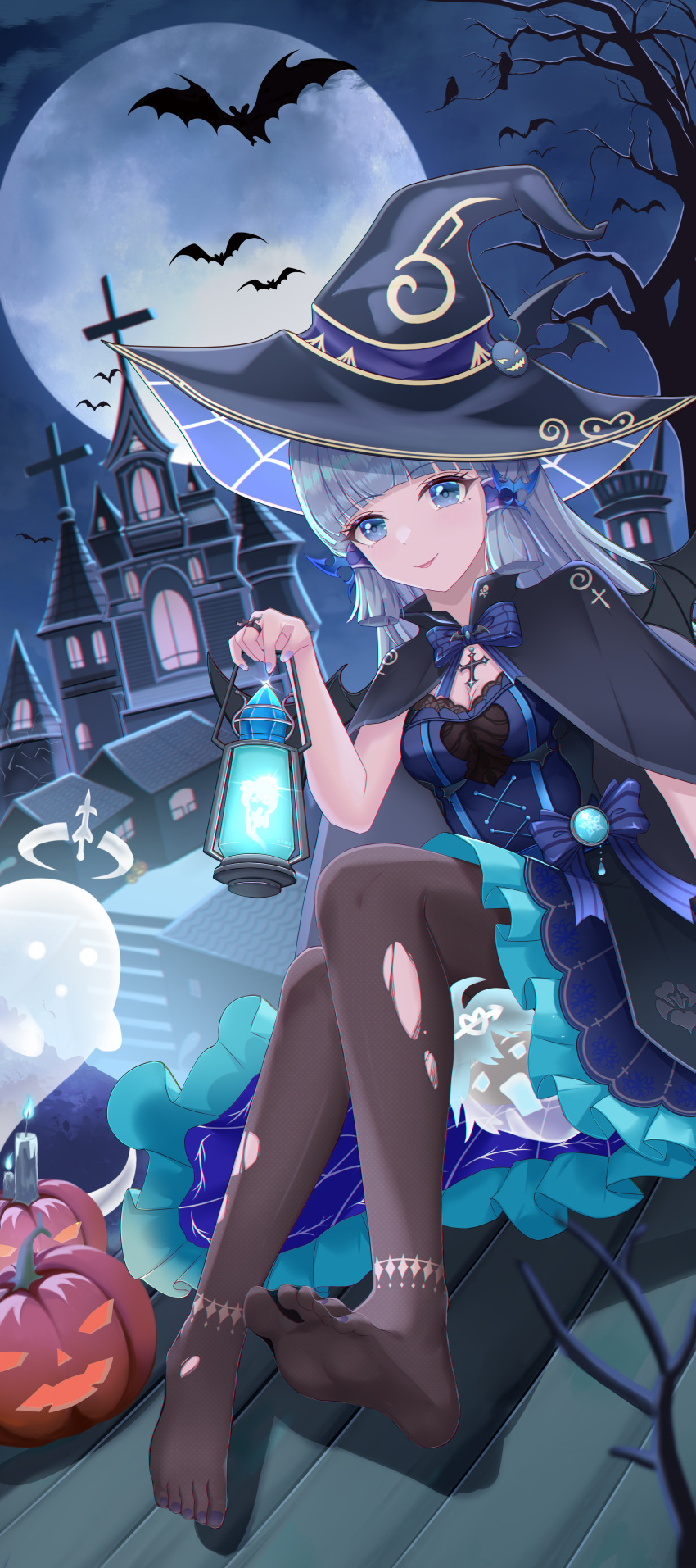 absurdres aether_(genshin_impact) arched_bangs black_capelet black_hat black_pantyhose blue_bow blue_bowtie blue_dress blue_eyes blue_hair blue_nails bow bowtie breasts capelet chinese_commentary cleavage commentary_request cross dress feet female fingernails full_body full_moon genshin_impact hand_up hat highres holding holding_lantern jack-o'-lantern kamisato_ayaka lantern light_blue_hair long_hair medium_breasts moon nail_polish night night_sky outdoors paimon_(genshin_impact) pantyhose sitting sky solo toenail_polish toenails toes tongue tongue_out torn_clothes torn_pantyhose tree very_long_hair vision_(genshin_impact) witch_hat zhui_ming_ying_xue