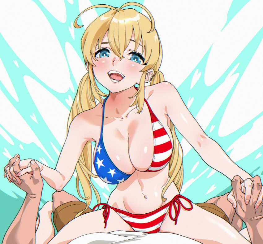 1boy american_flag american_flag_bikini american_flag_print bikini blonde_hair blue_eyes breasts cleavage english_commentary female flag_print hashiguchi_takashi highres long_hair looking_at_viewer low_twintails medium_breasts monica_adenauer pov print_bikini side-tie_bikini_bottom smile strap_slip swimsuit teeth twintails yakitate!!_japan