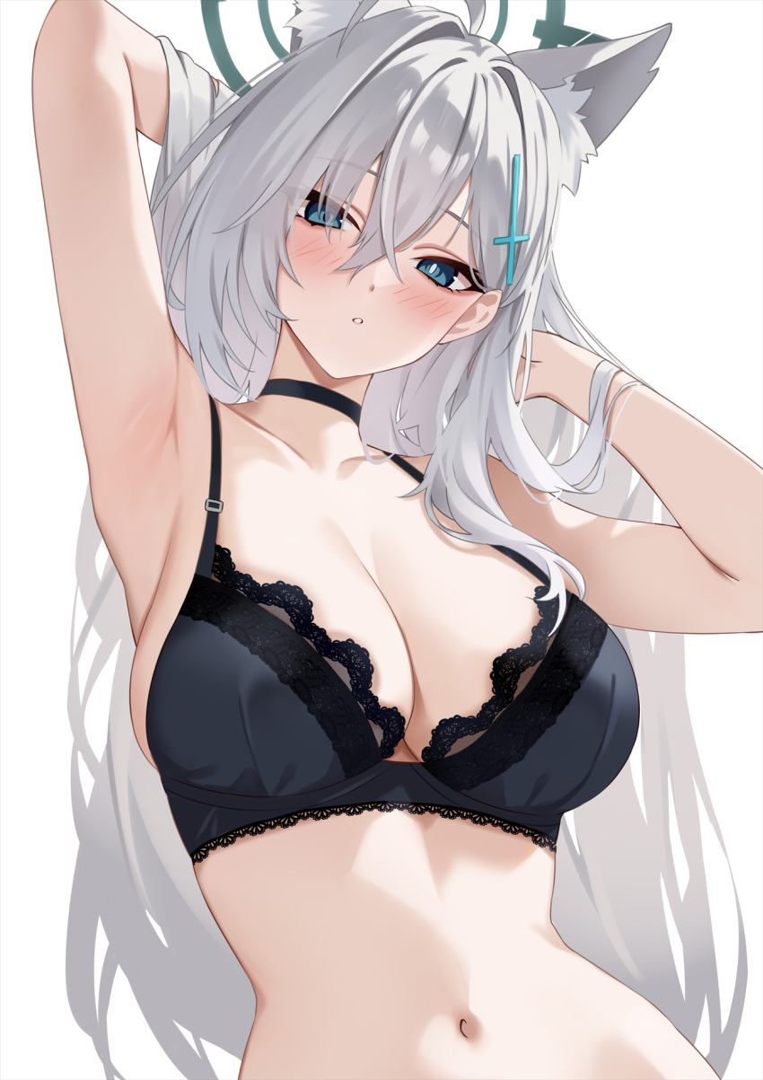 animal_ear_fluff animal_ears armpits bare_shoulders black_bra blue_archive blue_eyes blush bra breasts choker cleavage collarbone cross_hair_ornament extra_ears female grey_hair hair_ornament halo highres large_breasts long_hair looking_at_viewer marisasu_(marisa0904) navel shiroko_(blue_archive) shiroko_terror_(blue_archive) sidelocks solo underwear wolf_ears