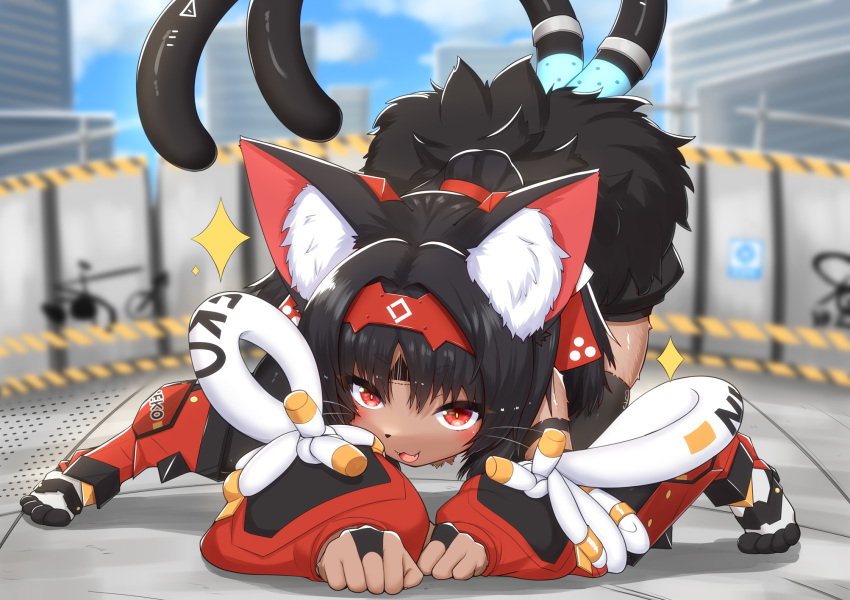 :3 all_fours animal_ear_fluff animal_ears animal_nose barcode barcode_tattoo black_bridal_gauntlets black_hair black_shorts blurry blurry_background bridal_gauntlets cat_ears cat_girl cat_tail commentary_request dark-skinned_female dark_skin fangs female hairband highres horokusa_(korai) long_hair looking_at_viewer multiple_tails nekomata nekomiya_mana outdoors paw_pose red_eyes red_hairband shorts skindentation solo sparkle tail tattoo thighhighs top-down_bottom-up two_tails whiskers zenless_zone_zero