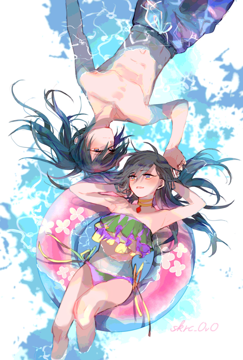 1boy afloat aged_up arms_up bikini black_hair contemporary dororo_(character) dororo_(tezuka) feet_out_of_frame female from_above highres hyakkimaru_(dororo) innertube long_hair looking_at_another navel partially_submerged sakuramochi1003 side-tie_bikini_bottom swim_ring swimsuit topless_male water