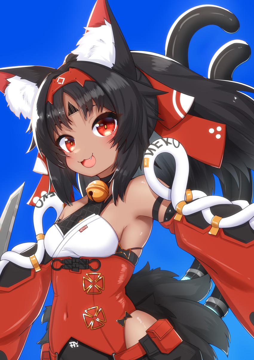 :3 :d animal_ear_fluff animal_ears barcode barcode_tattoo bell black_hair blue_background breasts cat_ears cat_girl cat_tail commentary_request covered_navel dark-skinned_female dark_skin detached_sleeves female hairband highres horokusa_(korai) long_hair looking_at_viewer multiple_tails nekomata nekomiya_mana oerba_yun_fang open_mouth red_eyes simple_background skindentation small_breasts smile solo tail tattoo two_tails upper_body zenless_zone_zero